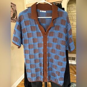 Zara Blue and Brown Open-Knit Button Shirt
